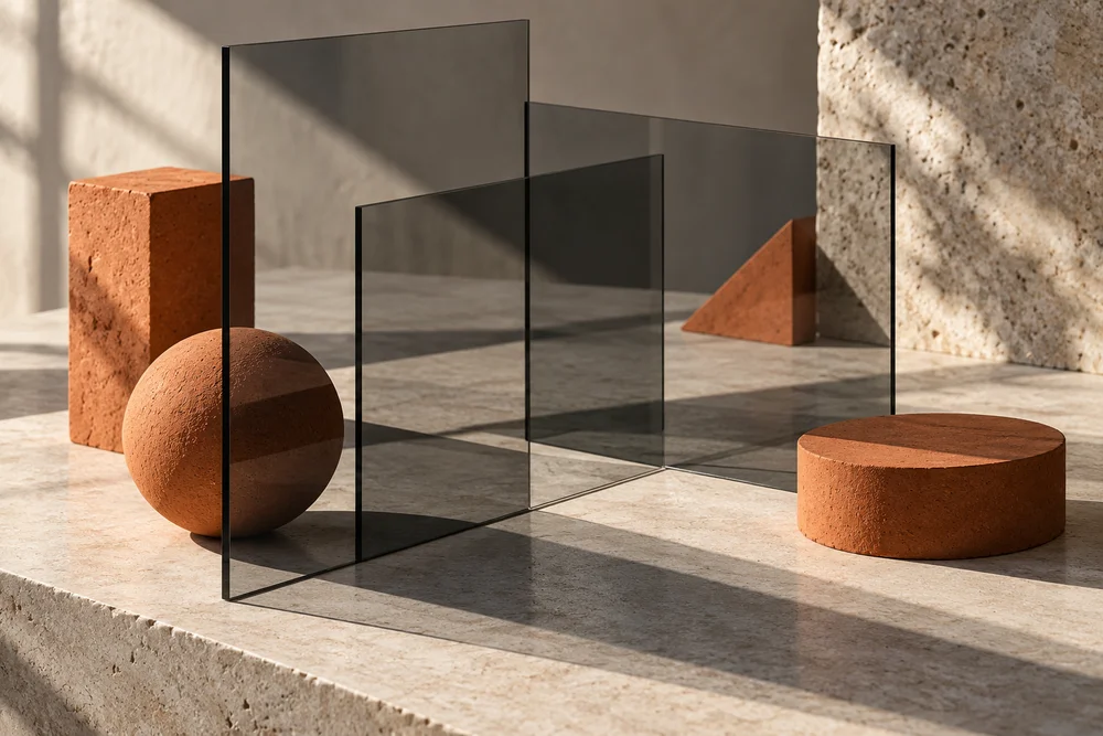 Overlapping glass sheets and terracotta forms casting connected shadows.