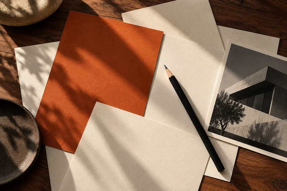 Paper layouts and color studies on an editorial worktable.
