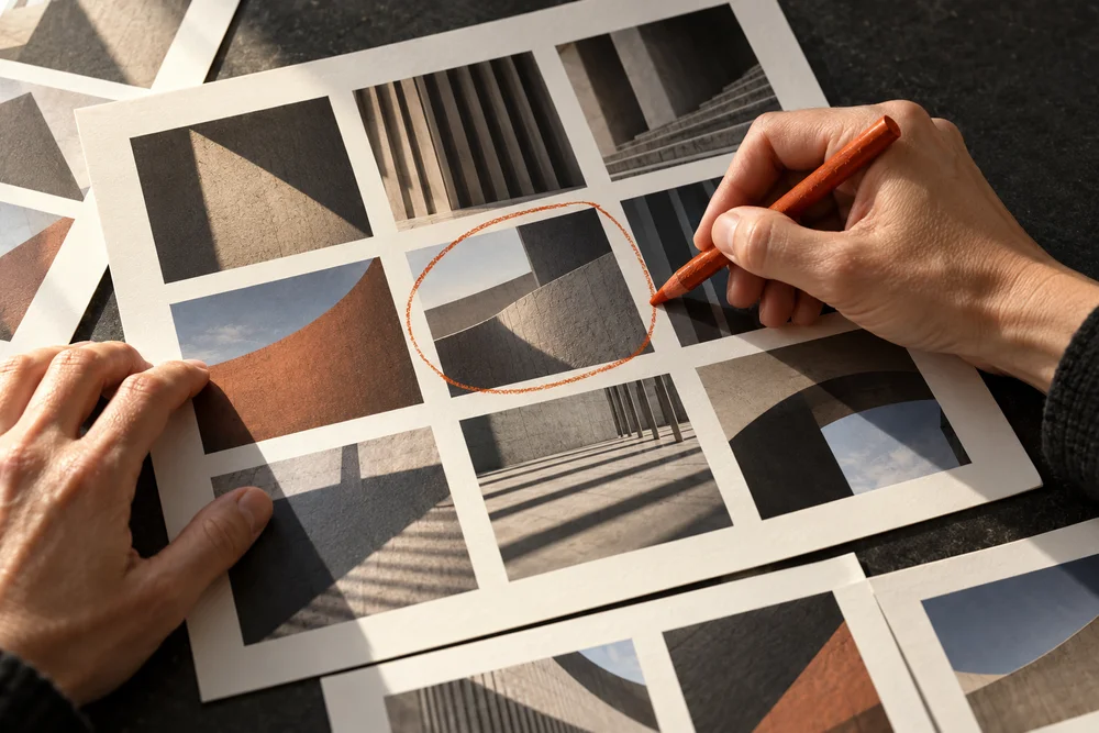 Hands reviewing photographic contact sheets with an orange pencil.