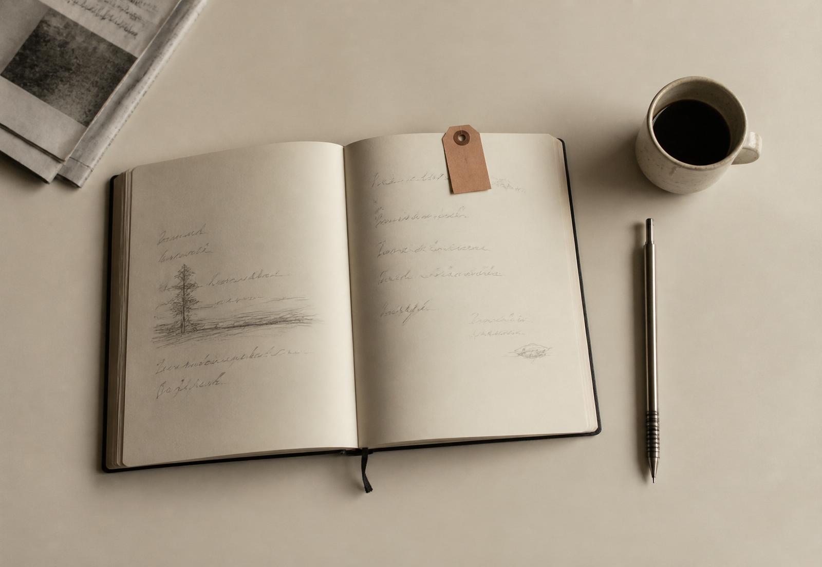 An operator's desk from above: an open notebook of handwritten notes, a ceramic cup of coffee, a mechanical pencil, and a folded newspaper.
