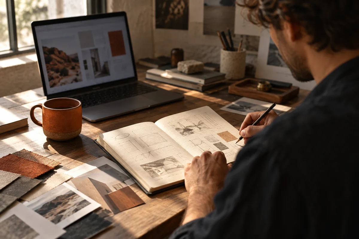 An independent marketer reviewing notes at a sunlit studio desk.